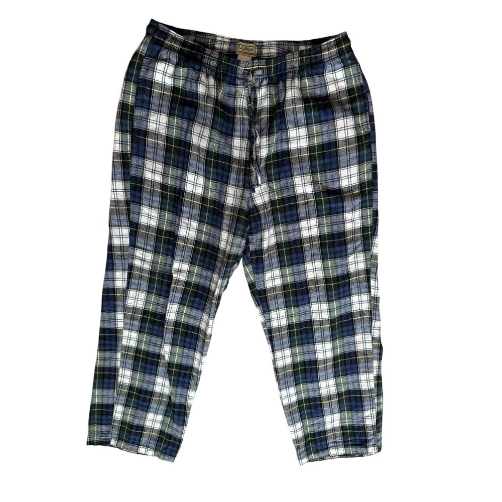 L.L.Bean Mens Cotton Pull On Lounge Pajama Pants L  30" Blue Green Plaid Flannel